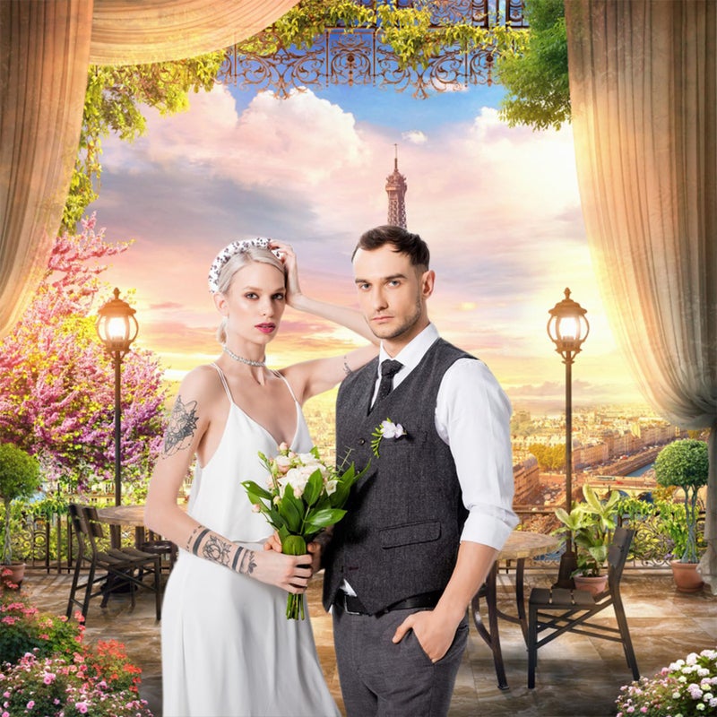 Baocicco 8x8ft Paris Panorama Effel Tower Garden Backdrop Vinyl Photography Background High Platform Sunset Glow Landscape Flower Bouquet Old Lantern - Image 4
